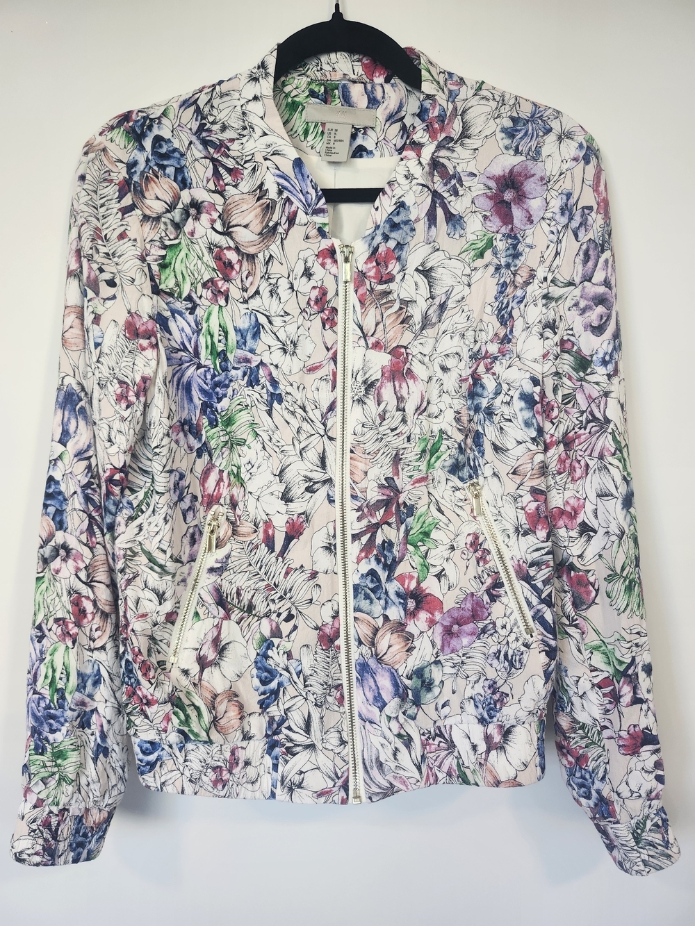 H&M White Floral Bomber Jacket with Multicolor Blooms